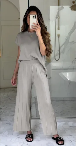 Vista 2 de VATEAMI Conjunto de 2 piezas de suéter de punto para mujer, sin botones, pantalones de pierna ancha y cintura alta
