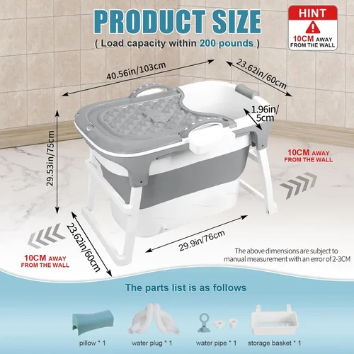 Vista 2 de Portable Folding Bathtub for Adults, 40.6" Collapsible Tub w/Thermal Cover Gray