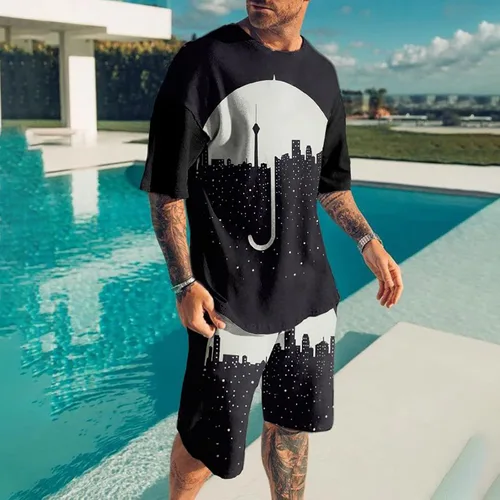 Vista 2 de Conjunto deportivo de 2 piezas para hombre, casual, manga corta, camiseta y pantalones cortos, conjunto de chándal de verano, elegante traje