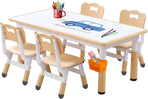 Vista 14 de Juego de mesa y silla para niños, juego de mesa y sillas para niños, altura ajustable, patas y organizador de mesa antideslizantes, escritorio