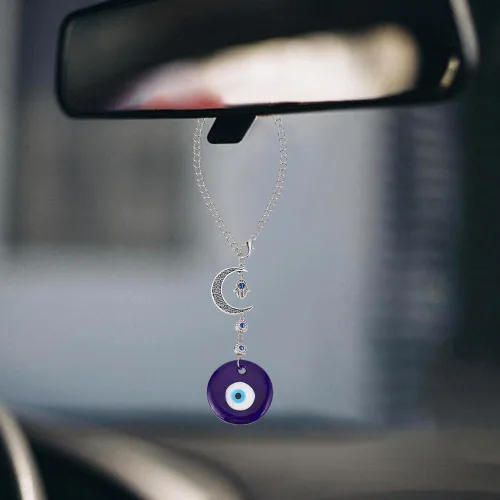 Vista 5 de Adorno colgante azul para coche con ojo malvado, dijes de cuentas con ojo malvado con adorno colgante de luna para coche, atrapasueños, regalo