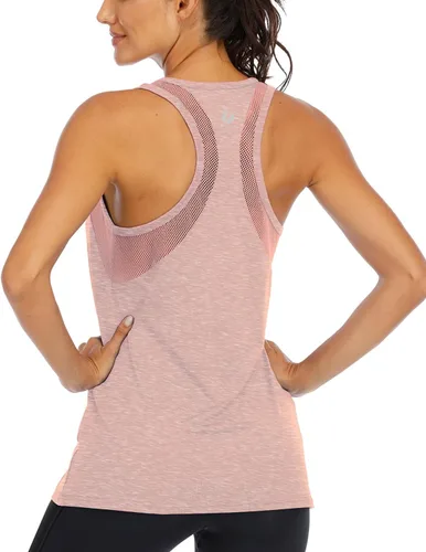 Vista 2 de ICTIVE - Camiseta sin mangas de entrenamiento para mujer, ajuste holgado, malla de yoga, espalda cruzada, espalda abierta Albaricoque