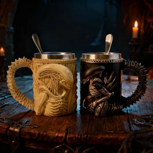 Vista 5 de Taza de 14 onzas con cuchara de extraterrestre, regalo para fanáticos Negro