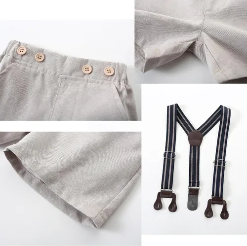 Vista 5 de Kimocat Conjunto de trajes de caballero para bebé, camisa corta de verano, corbatín + pantalones con babero, conjunto de ropa