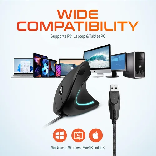 Vista 8 de Delton Ratón ergonómico con cable vertical S12, 6 botones, 3 niveles de DPI ajustables (800/1200/1600) y rueda de desplazamiento 3D, compatible
