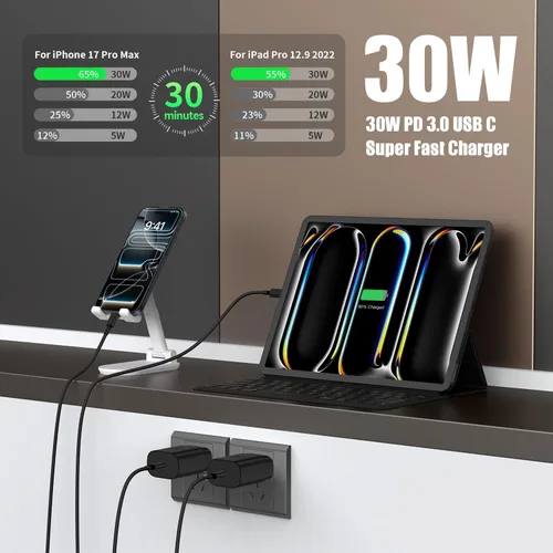 Vista 3 de Cargador de Bloque USB C de carga rápida para iPhone 17 16 Pro Max, cargadores USB-C de 30 W con cable largo de carga rápida tipo C de 3/6/10 pies