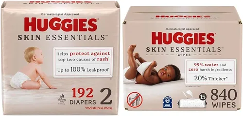 Vista 15 de Huggies Paquete de Skin Essentials: pañales Huggies Skin Essentials, talla 1 (8-14 libras), 204 unidades y toallitas para bebés, 15 paquetes