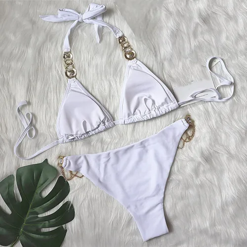 Vista 5 de Women's Low Waist Bikini Swimsuit Halter Lace Up Tie Side Two Piece Bathing Suit with Artificial Crystal Diamond AG-84