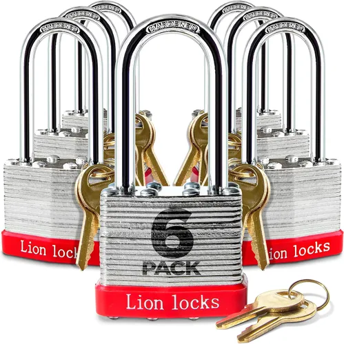 Vista 11 de Lion Locks 4 Candados de Llave Igual con Grillete Largo de 2", 8 Llaves, Candado de Acero Endurecido, Cilindro de Pines de Latón Resistente a