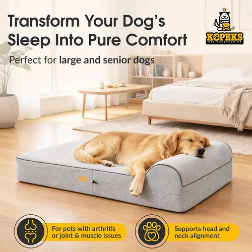 Vista 23 de KOPEKS Cama ortopédica de espuma viscoelástica para perros de 7 pulgadas de grosor, cama extragrande para perros con almohada, color marrón, 50 x 34
