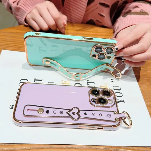 Vista 6 de IDweel Funda para iPhone 11 Pro Max con correa de pulsera ajustable, lazo atril, chapado de lujo de corazón, esquinas elevadas, a prueba de golpes