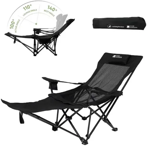 Vista 12 de MOBI GARDEN Silla de camping reclinable con reposapiés, silla lounge plegable ajustable de 4 posiciones para adultos, reposapiés portátil y Negro