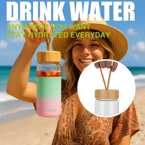 Vista 7 de Tronco Botellas de agua de vidrio de 20 onzas con tapas, botellas de vidrio de borosilicato reutilizables con tapa de bambú y funda de silicona