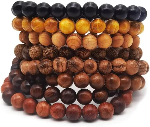 Vista 2 de INSPIRELLE 8 pulseras elásticas de madera natural con cuentas para hombres y mujeres