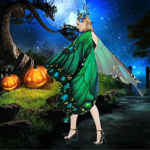 Vista 6 de Disfraz de alas de mariposa para mujer, alas de hada, disfraces de Halloween, capa de mariposa con máscara y diadema Azul-2