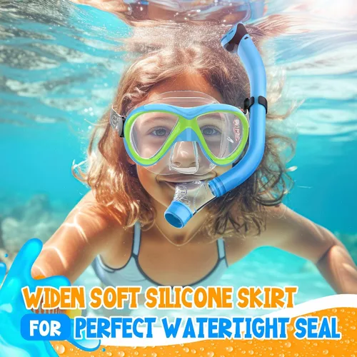 Vista 2 de Kids Snorkel Set, Dry Top Snorkeling Gear for Kids, Diving Mask for Youth Boys Girls Age 5-15, Tempered Glass Swimming Goggles Combo Set, Anti-Fog