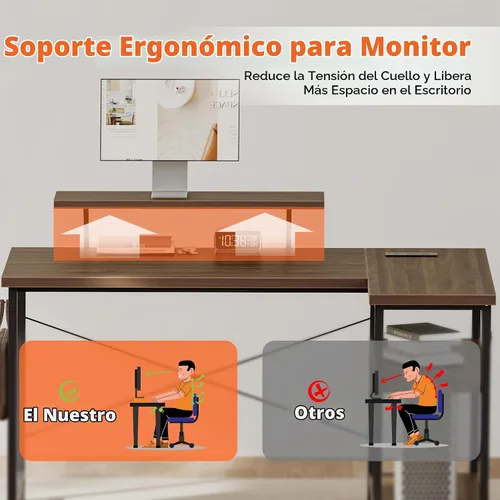 Vista 4 de Mericonia Escritorio esquinero de 40 pulgadas con soporte para monitor Nogal