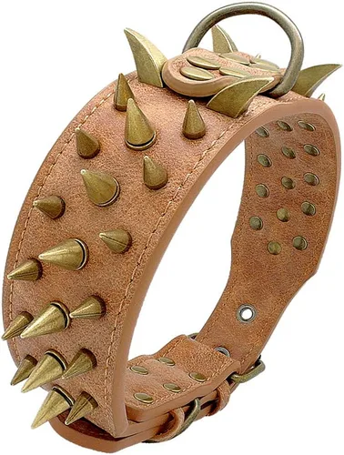 Vista 2 de Collar de perro de cuero con púas de 2 pulgadas, remache afilado antimordidas para perros Pit Bull medianos y grandes, cuello marrón para 14-19