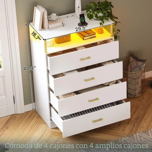 Vista 5 de AOGLLATI Cómoda blanca para dormitorio con diseño de columna, cómoda de 4 cajones con estación de carga, cómoda moderna led alta para dormitorio