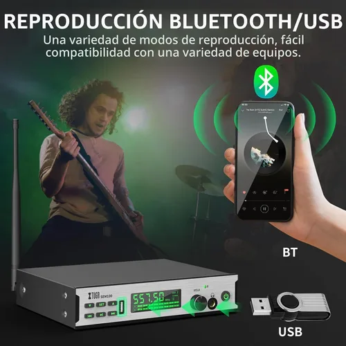 Vista 5 de XTUGA Sem100 in Sistema de monitor de oído estéreo inalámbrico 1 Bodypacks recargables Monitoreo UHF con Bluetooth Select Wireless en auriculares