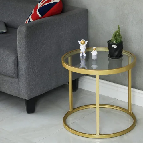 Vista 9 de Juego de 2 mesas de centro anidadas doradas, pequeñas mesas anidables de vidrio para sala de estar, dormitorio, mesa de té decorativa con marco