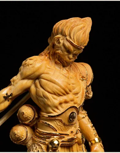 Vista 5 de Estatua de rey mono Wukong tallada en madera de boj natural (chapado en oro)