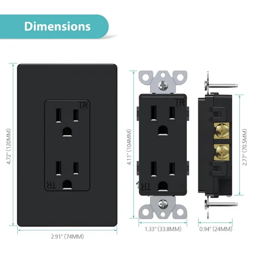 Vista 4 de Salida de receptáculo decorador, placa de pared sin tornillos incluida, salida de pared resistente a manipulaciones de 15 amperios y 125 V, 2 polos