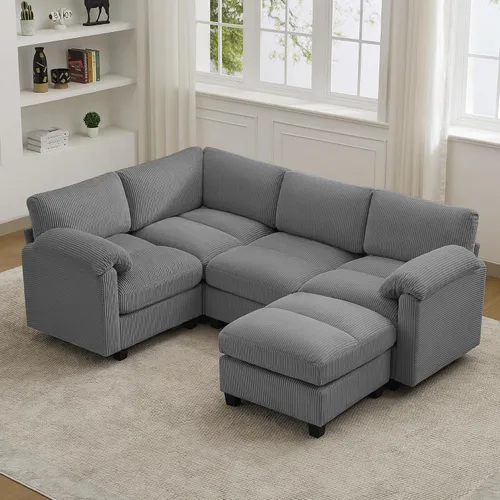 Vista 56 de Sofá modular de 61 pulgadas con otomana, asiento extra profundo para sala de estar, sofá de asiento profundo de pana con almohadas para Beige