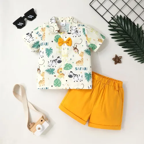 Vista 28 de JEELLIGULAR Conjunto de ropa de verano para bebé niño de manga corta con botones y pantalones cortos, trajes casuales para caballeros de 1 a 6 años