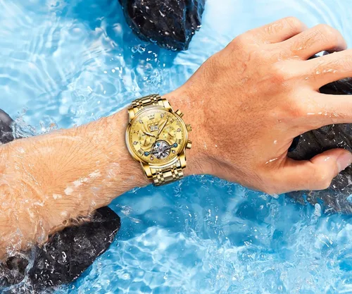 Vista 32 de OLEVS Relojes automáticos para hombre, oro de lujo, vestido de diamantes de cuerda automática, esqueleto mecánico, Tourbillon, reloj de pulsera