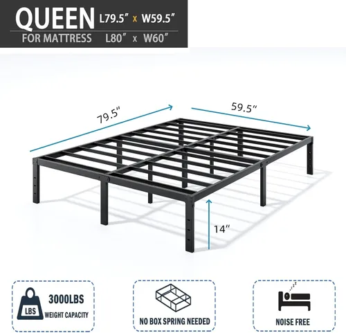 Vista 2 de AROMUSTIM Base de cama Queen – Base de cama de plataforma de metal de 14 pulgadas de alto, no necesita somier, marco de cama de tamaño Queen