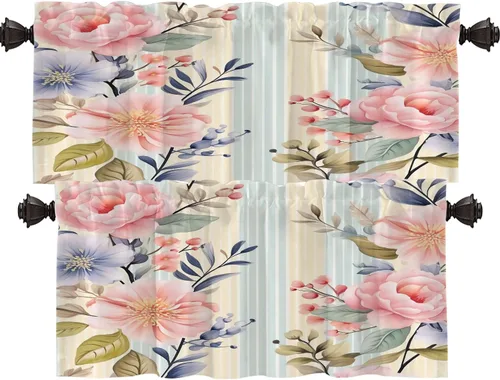 Vista 17 de Shrahala Beige and Orange Abstract Art Brushstrokes Blackout Curtain Tiers, Abstract Oil Paint Kitchen Valance Light Blocking Tier Drapes with Rod