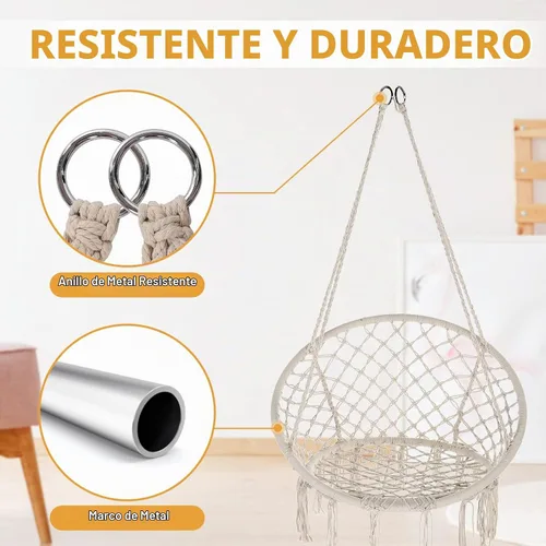 Vista 3 de Garpans Hamaca de macramé, estilo bohemio, hamaca con borlas, columpio colgante hecha a mano, cuerda de algodón tejida a mano para interiores y Beige