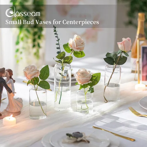 Vista 4 de Florero de cristal Glasseam para centros de mesa: 12 piezas pequeño florero a granel For Single Rose, Stem, Modern Minimalis, Clear Table