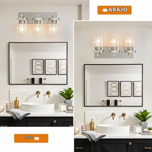 Vista 8 de Lámparas de baño de 3 luces sobre espejo, luces de tocador de níquel cepillado con pantalla cuadrada de vidrio transparente. Moderna lámpara