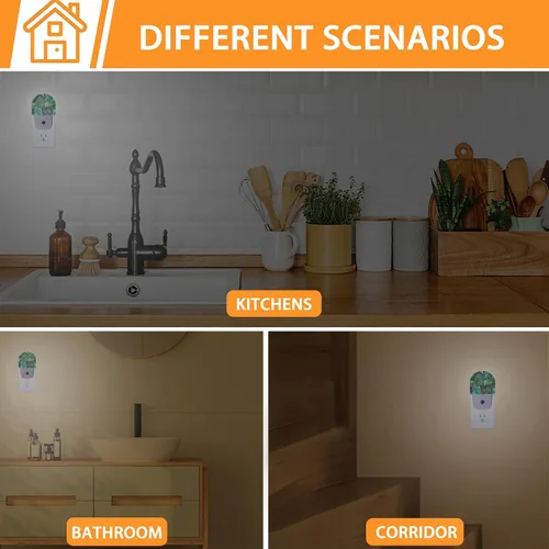 Vista 7 de Luz nocturna de palmera verde, luces nocturnas enchufables a la pared con sensor de atardecer a amanecer, lámpara para dormitorio, baño, pasillo