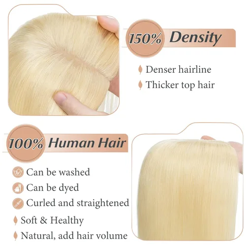 Vista 3 de Toppers de cabello humano con clip de 6 pulgadas, cabello lacio para pérdida de cabello, cubierta de cabello fino, cabello gris, rubio ceniza #613