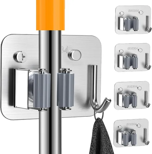 Vista 10 de Paquete de 2 soportes de pared para escobas, organizador de trapeador de acero inoxidable 304 con ganchos, sin adhesivo para taladro e instalación