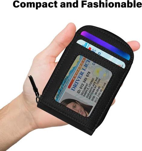 Vista 28 de RFID mini organizador de tarjetas de crédito, cuero auténtico, billetera compacta con visor de identificación, S, Negro