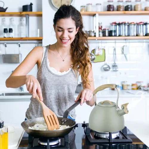 Vista 3 de Tetera de 3.0 cuartos de galón para estufa, tetera de acero inoxidable, hervidor de agua de grado alimenticio con mango de madera para café, té