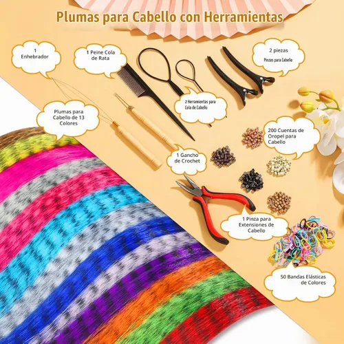 Vista 2 de Kit de 65 piezas de plumas para el cabello con herramientas para extensiones de cabello, kit de extensiones de plumas de cabello sintético largo
