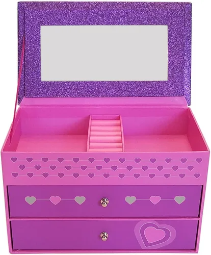 Vista 3 de Joyero para niñas, brillo rosa y morado con corazones y ribete rosa y morado (brillo morado con rosa)