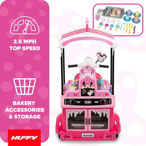 Vista 3 de Huffy Minnie Mouse Bakery Kart 6V Ride-On con juego de panadería, edades 3 Rosa
