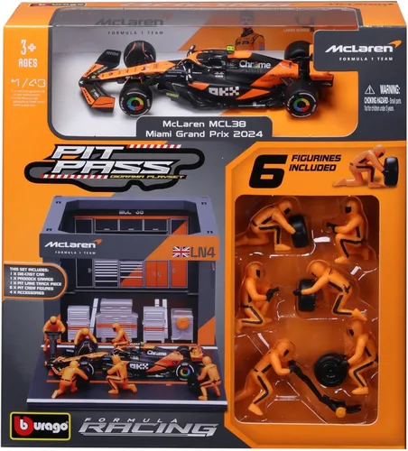 Vista 2 de Bburago 1:43 Escala 2024 Formula Race McLaren MCL38 Pit Pass Paddock Set, Norris #4