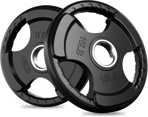 Vista 11 de RitFit Olympic Rubber Grip Weight Plates, 2-Inch Barbell Set Solid Iron Core, Rubber Coated, 2-Inch Olympic Bar Compatible, 3-Hole Grip, 2.5LB to