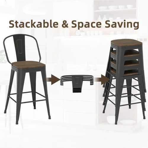 Vista 5 de Juego de 4 taburetes de bar giratorios de 24 pulgadas, taburetes de bar industriales con patas de metal resistentes, taburetes de bar con respaldo