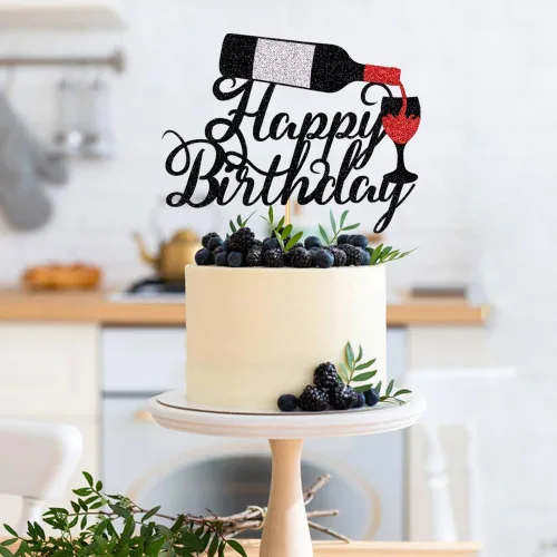 Vista 6 de Decoración para pastel de cumpleaños con texto en inglés «Happy Birthday» de vino tinto para celebrar suministros de fiesta de cumpleaños