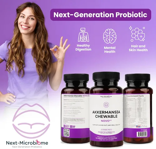 Vista 4 de Suplemento probiótico y prebiótico masticable Akkermansia NOVO 2.0 con HMO, apoya el microbioma intestinal y oral, suplementos para la salud