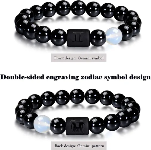 Vista 2 de VLINRAS - Pulsera de signo del zodiaco, para hombre y mujer, de 0.315 y 0.394 pulgadas, ónice negro natural, signo de estrella, constelación