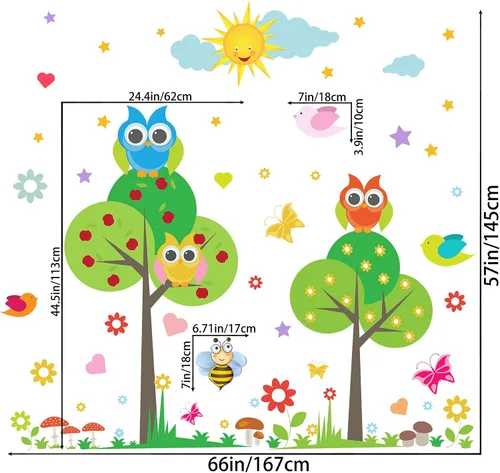 Vista 7 de Calcomanía de pared de animales para niños, diseño de flores, pájaros, mariposas, bricolaje, extraíble, despegar y pegar, decoración de árbol verde